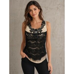 Studio Y Womens Small Black Lace Sparkle Embellished Tank Top Party Evening Cami